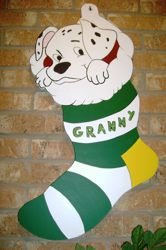 Dalmatian Puppy in Grammy Christmas Stocking made by Art de Yard